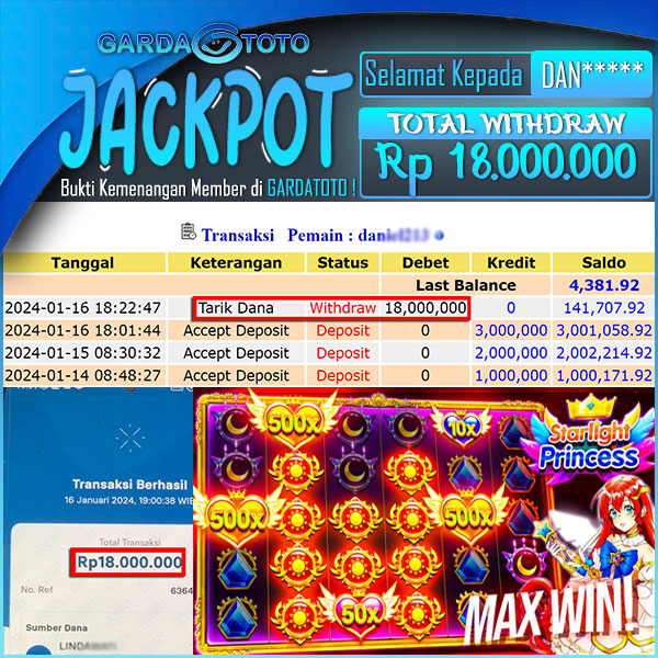 JACKPOT SLOT MAIN DI SLOT STARLIGHT PRINCESS WD Rp 18.000.000,- DIBAYAR LUNASSS