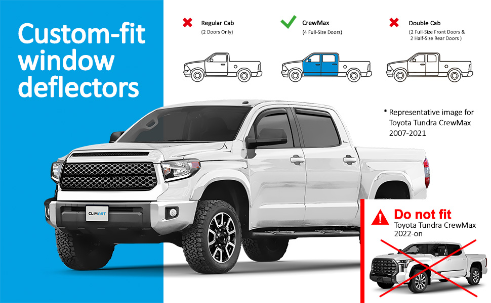Rain Guards / Vent Visors For 2007-2021 Toyota Tundra CrewMax - 4-Piece Shatterproof In-Channel Set 10 thumbnail image