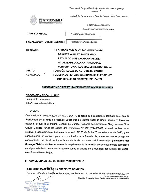 FISCALÍA INVESTIGA A VIRTUAL ALCALDESA DE SANTA Y CUATRO REGIDORES POR OMISIÓN DE FUNCIONES