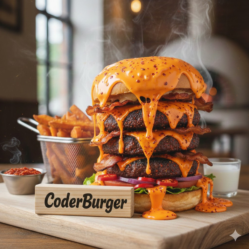 CoderBurge - Hamburgesa triple cuarto de libra con cheddar,Picante de jalapeño, cebolla, bacon, con papas.