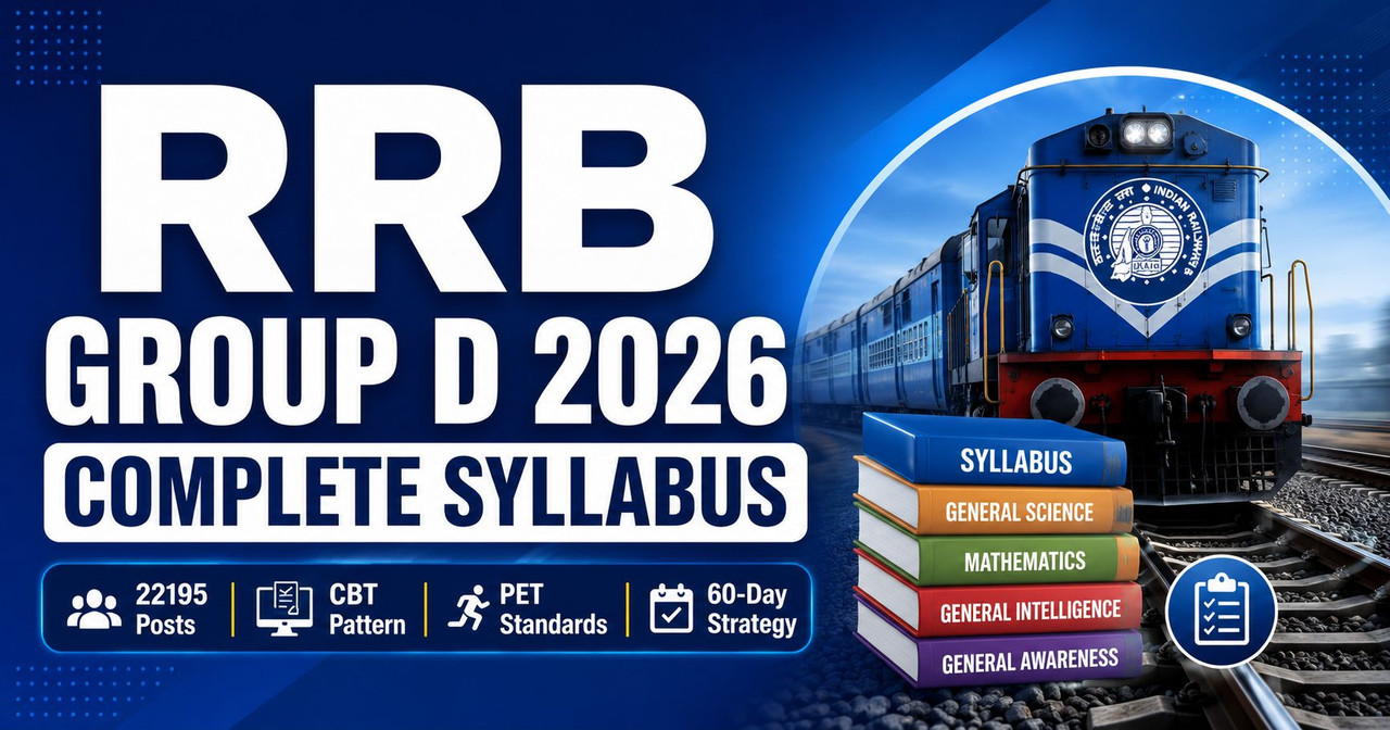 Complete RRB Group D 2026 syllabus — topic-wise CBT pattern for Mathematics, Reasoning, General Science, General Awareness with PET physical standards and 60-day preparation strategy. RRB Group D 2026 Complete Syllabus — Topic-Wise CBT Pattern, PET Standards & Preparation Strategy