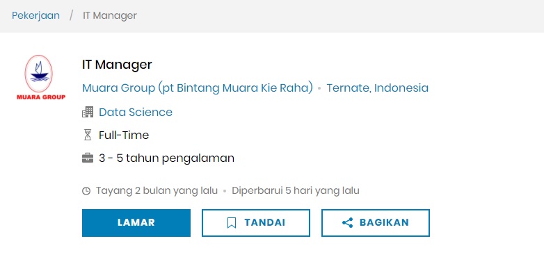 Lowongan kerja Ternate posisi IT Manager Muara Group.