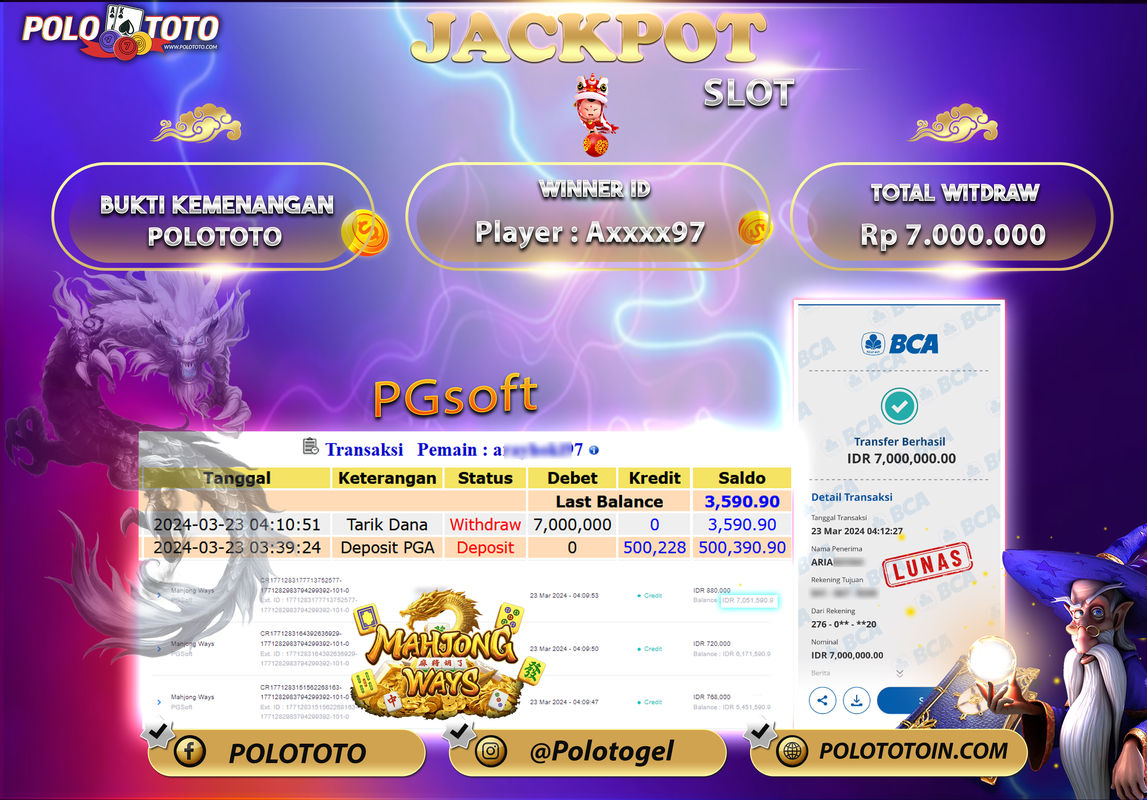 POLOTOTO BUKTI JACKPOT SLOT MAHJONG WAYS 2 Rp 7.000.000,- LUNAS