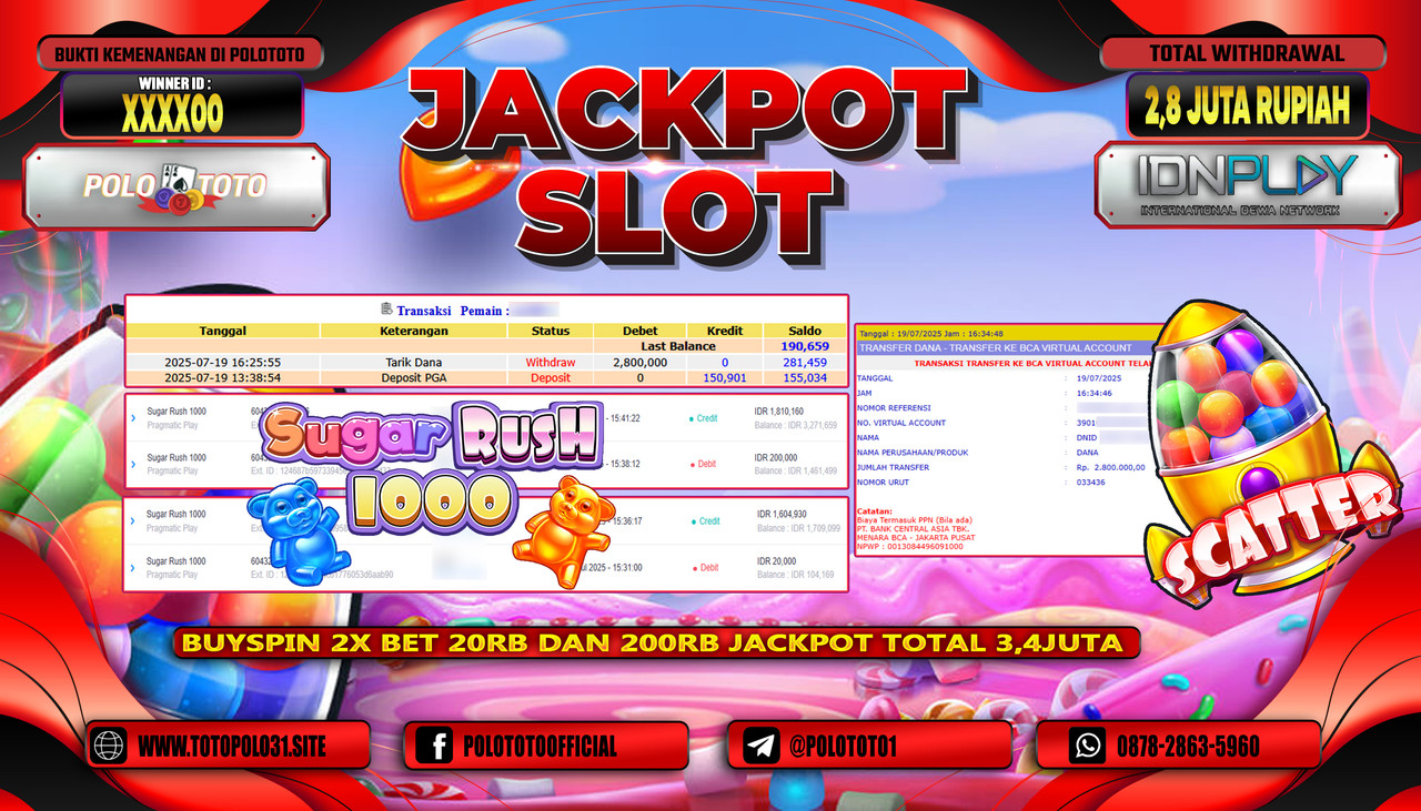 POLOTOTO JACKPOT SLOT SUGAR RUSH 1000 Rp.2.800.000,- LUNAS