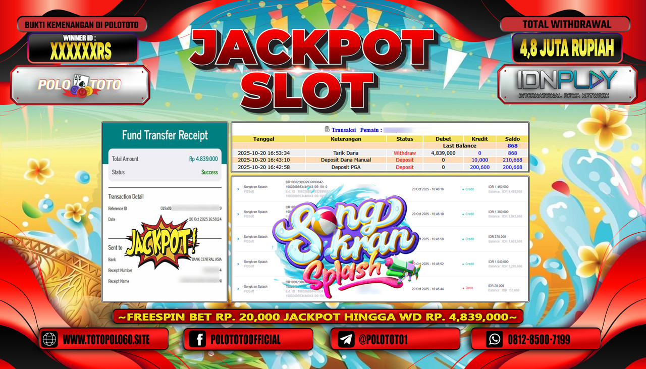POLOTOTO JACKPOT SLOT SONGKRAN SPLASH Rp.4.800.000,- LUNAS