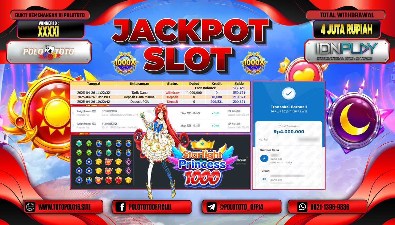 POLOTOTO JACKPOT SLOT STARLIGHT PRINCESS 1000 Rp.4.000.000,-