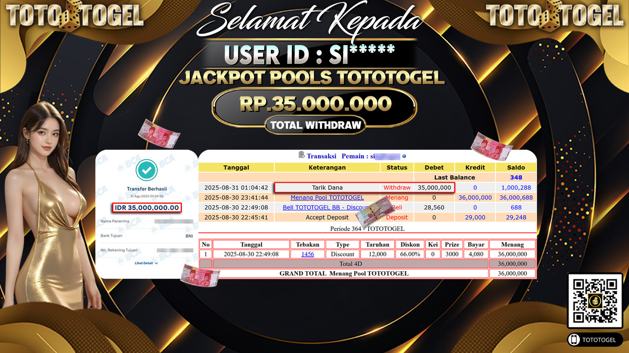 Bukti Pembayaran Jackpot Permainan Togel Pools Tototogel ID:SI***** LUNAS