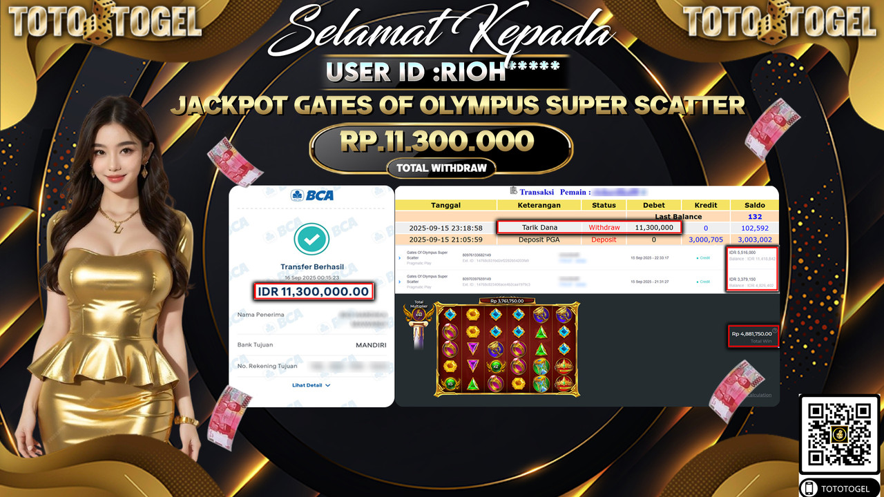 Bukti Pembayaran Jackpot Permainan Gates Of Olympus Super Scatter ID:RIOH*** LUNAS
