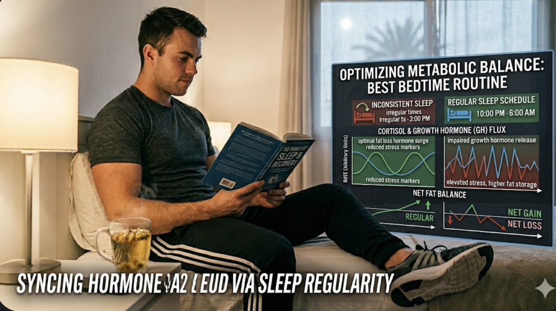 Person meditating or doing gentle yoga in dim evening light, practicing bedtime routine fat loss through stress reduction and relaxation