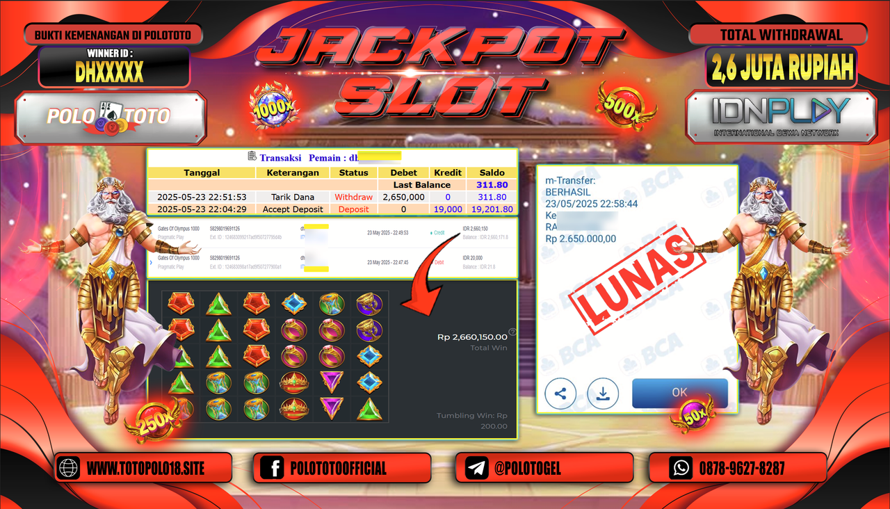 POLOTOTO JACKPOT SLOT GATES OF OLYMPUS 1000 Rp.2.650.000,-
