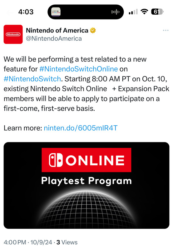 Nintendo Switch Online Playtest Program begins Oct 23 @ 6 PM PST 