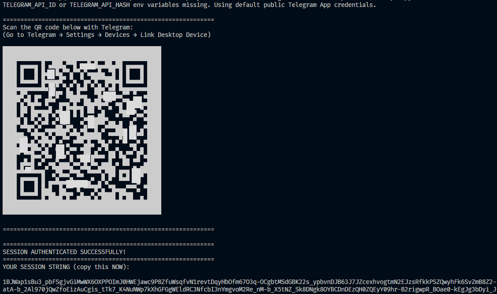 Telegram QR code from the Apify console