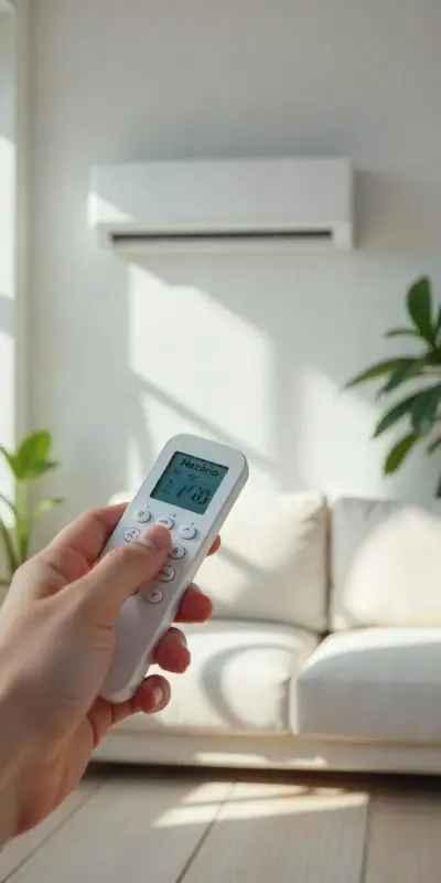 Uma mão digitando no comando de ar-condicionado  de modelo split
