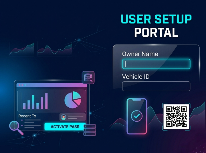 User Portal showing vehicle registration status and generated QR code