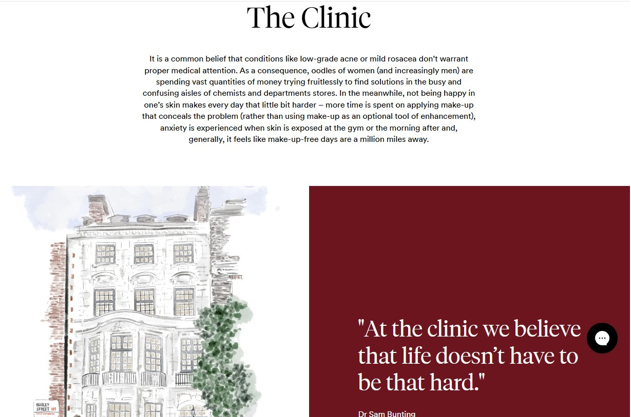 Dr Sam Bunting clinic illustration and dermatology-focused messaging.