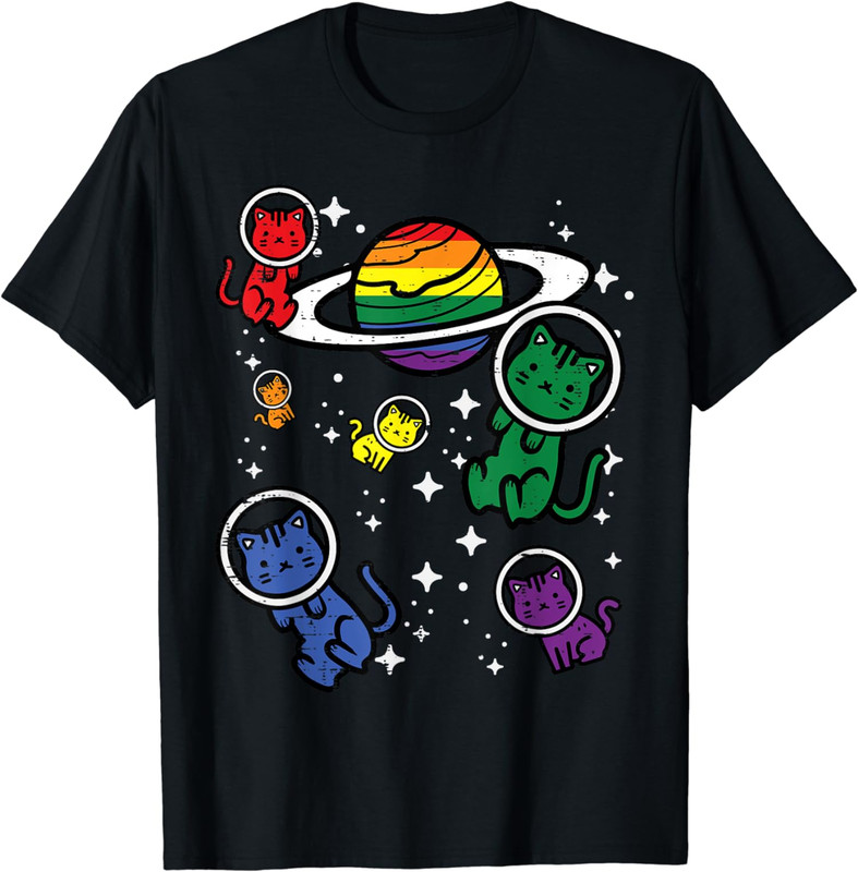 Gay Cats In Space Rainbow Pride Month Ally Theme Unisex T-Shirt