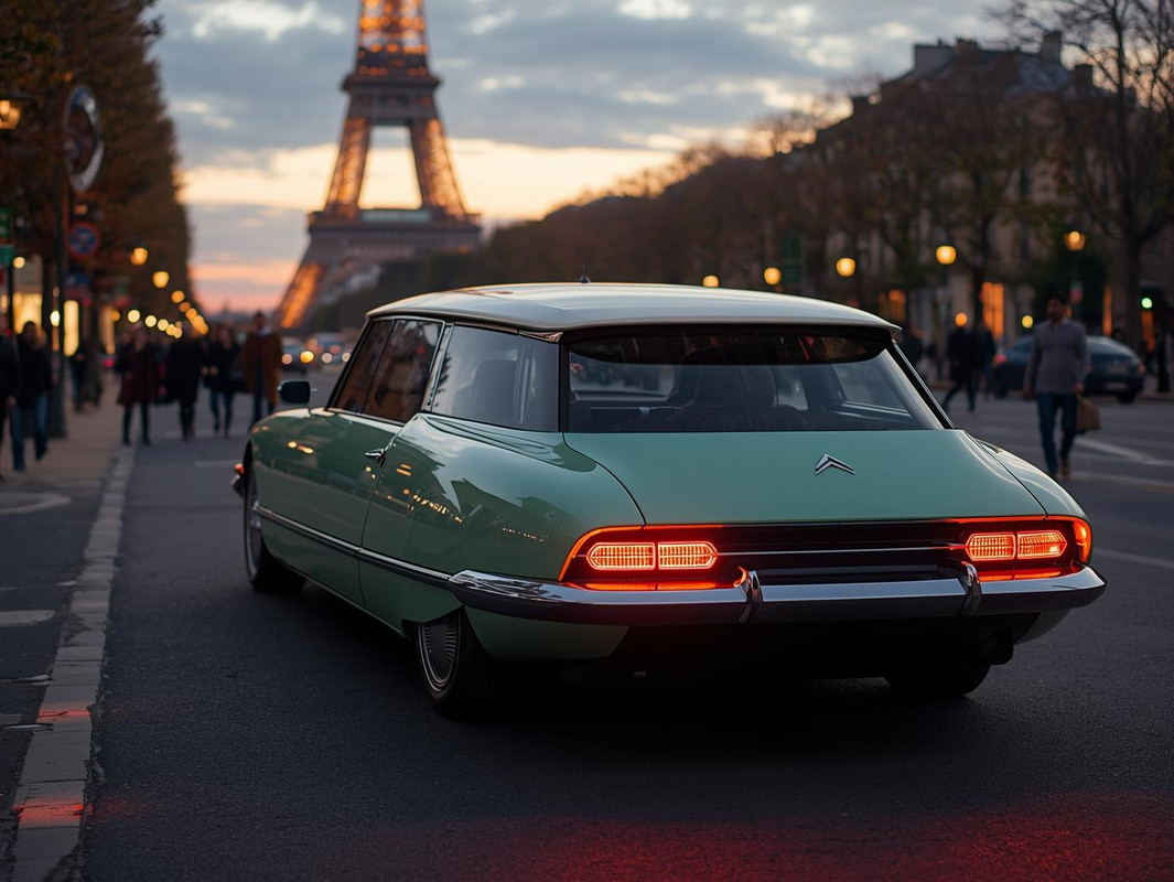 A futuristic reinterpretation of the Citroën DS Break, viewed from the rear left side, parked on a P