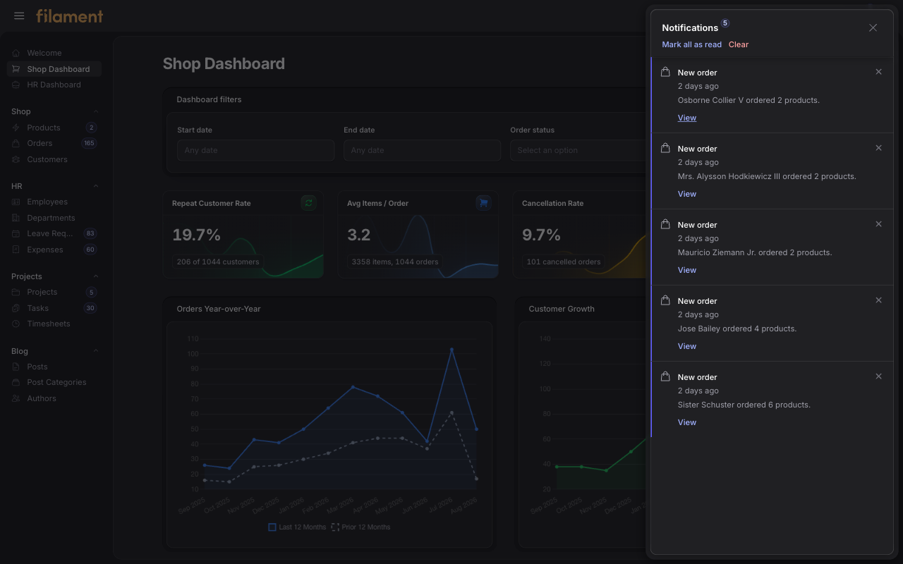 Stature Theme Shop database notification panel in dark mode