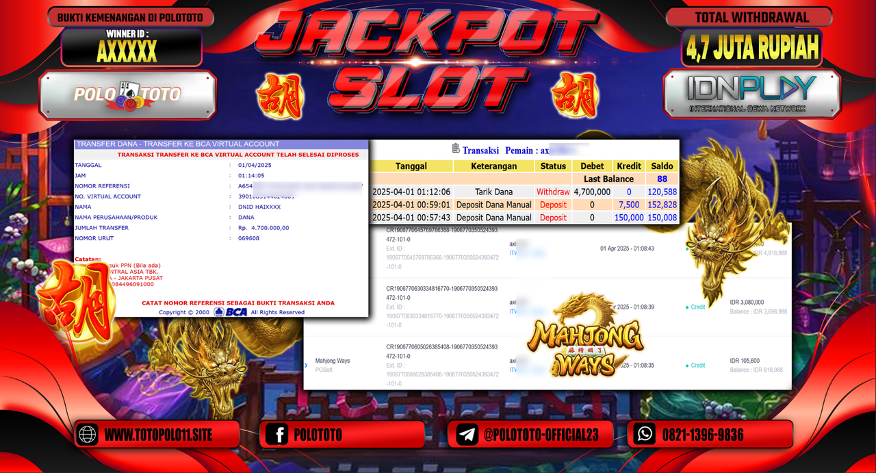 POLOTOTO JACKPOT SLOT MAHJONG WAYS  Rp.4.700.000,-