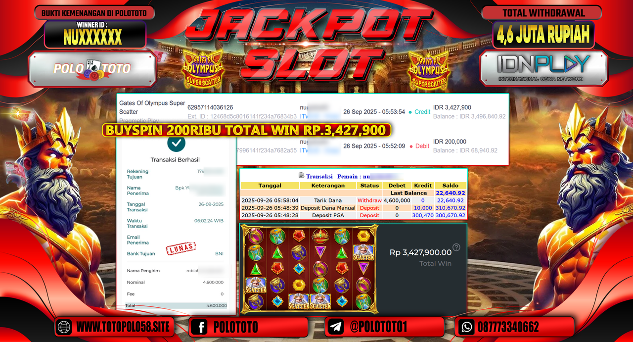 POLOTOTO JACKPOT SLOT GATES OF OLYMPUS SUPER SCATTER Rp.4.600.000,- LUNAS