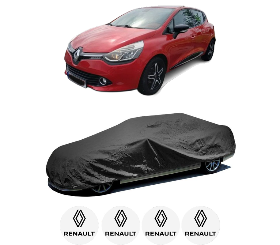 Husa tip prelata auto pentru RENAULT CLIO IV (BH_) din 2012-2021, Culoare Negru, material textil impermeabil, rezistanta la intemperii praf UV, CARPASSION Husa Protectie, 4 Stickere auto cu RENAULT
