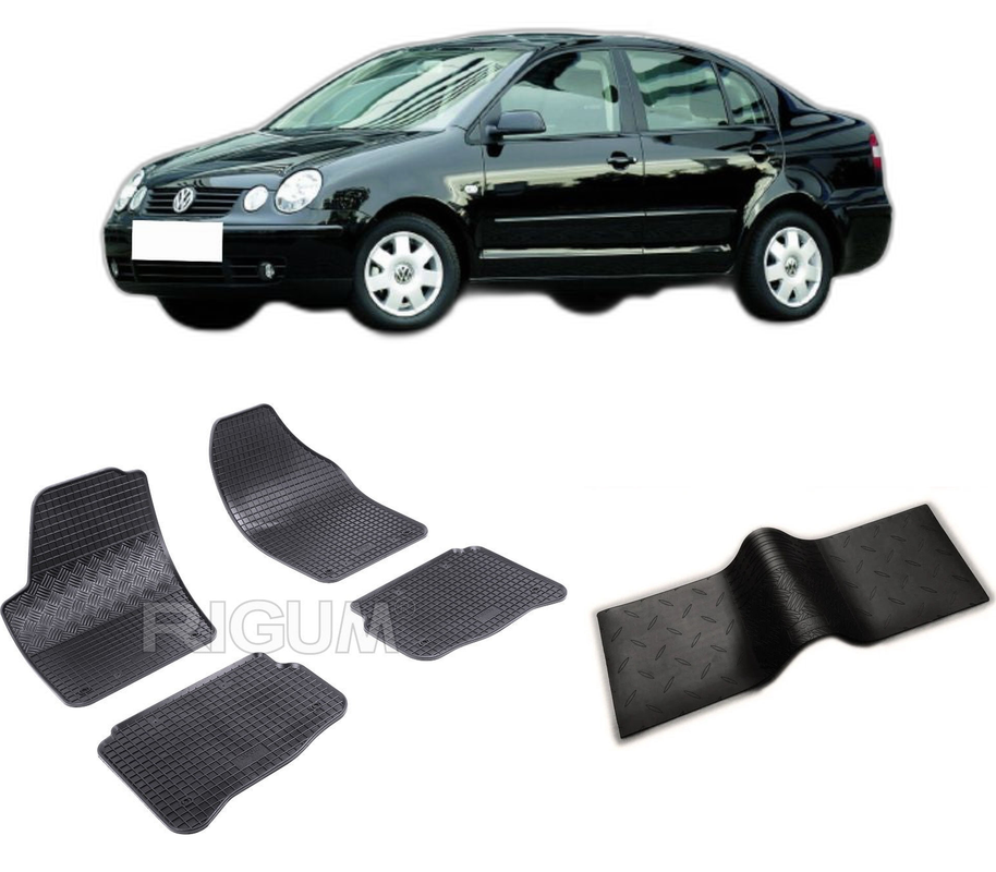 Set covorase auto VOLKSWAGEN POLO IV din 11.2001-2009, cu covoras tunel median, CAROSERIE SEDAN, Presuri cauciuc 100%, compatibil cu autoturismul VOLKSWAGEN POLO IV, Rigum