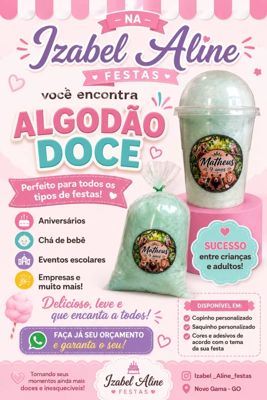 Algodão Doce Personalizado Izabel Aline Festas