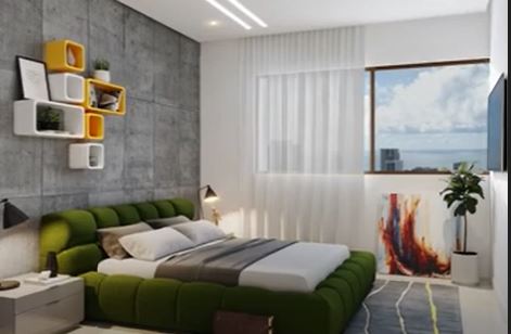 Detalhe do quarto com vista privilegiada do Edifício Capiba