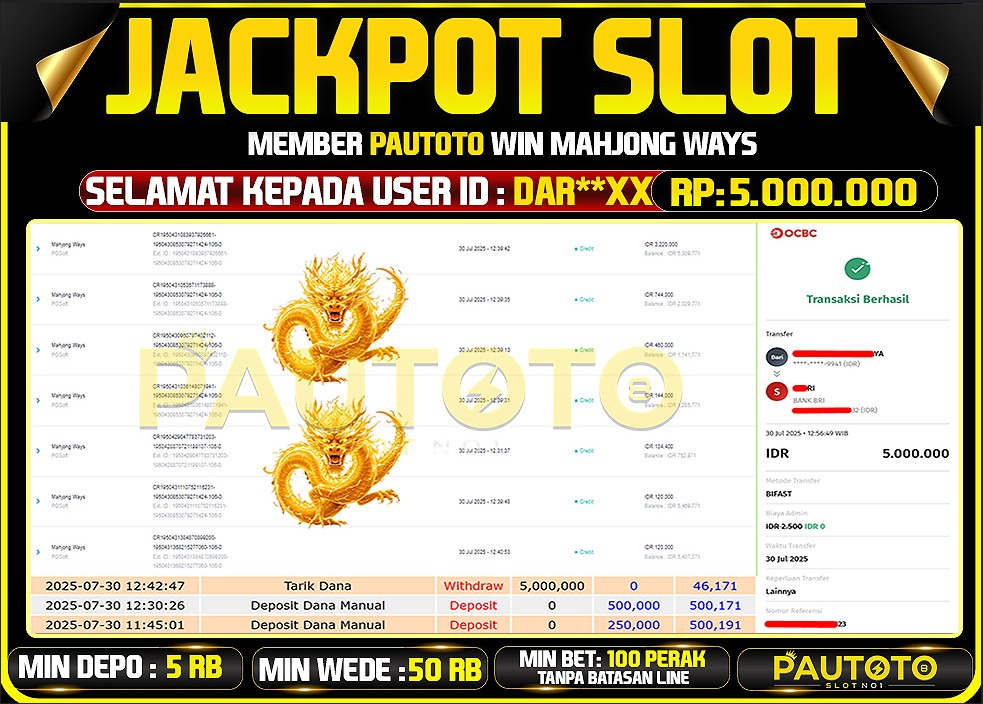 BUKTI PEMBAYARAN TGL 30 JULY 2025 MENANG DI PERMAINAN MAHJONG WAYS TOTAL WD 5 JUTA