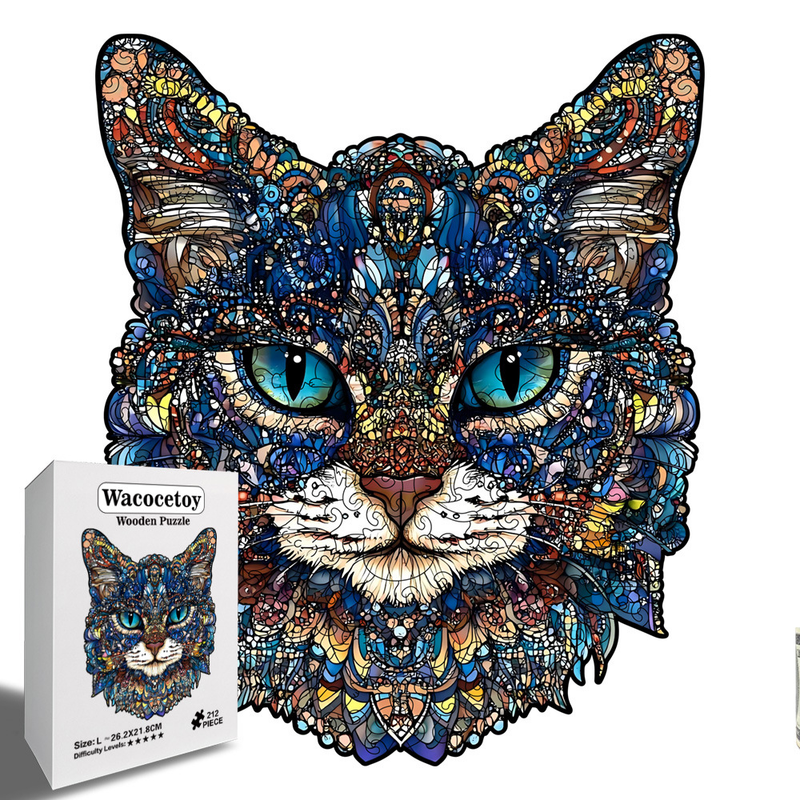 M Style Blue-Eyed Cat Wooden Jigsaw Puzzle -Irregular Animal Shaped Puzzle, Laser Cut 3D Craft, Stress Relief Brain Game Gift for Adults 14+