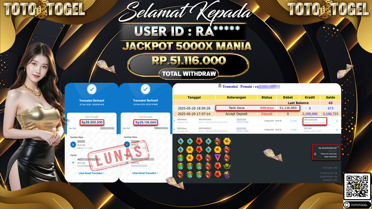 Bukti Pembayaran Jackpot Permainan Slot 5000X Mania ID:RA***** LUNAS