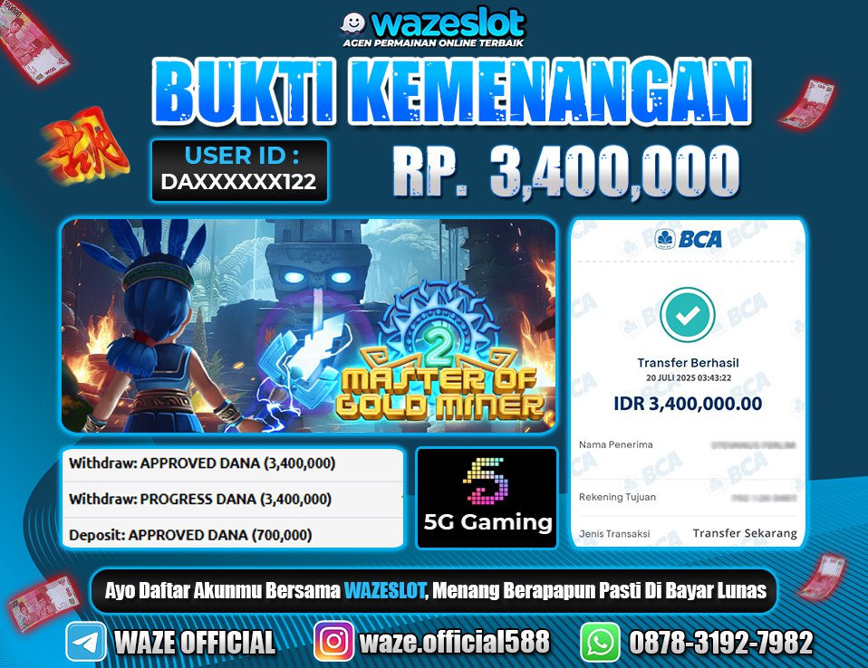 BUKTI KEMENANGAN 20 JULI 2025 DI GAME MASTER OF GOLD MINER ( 5G GAMING )