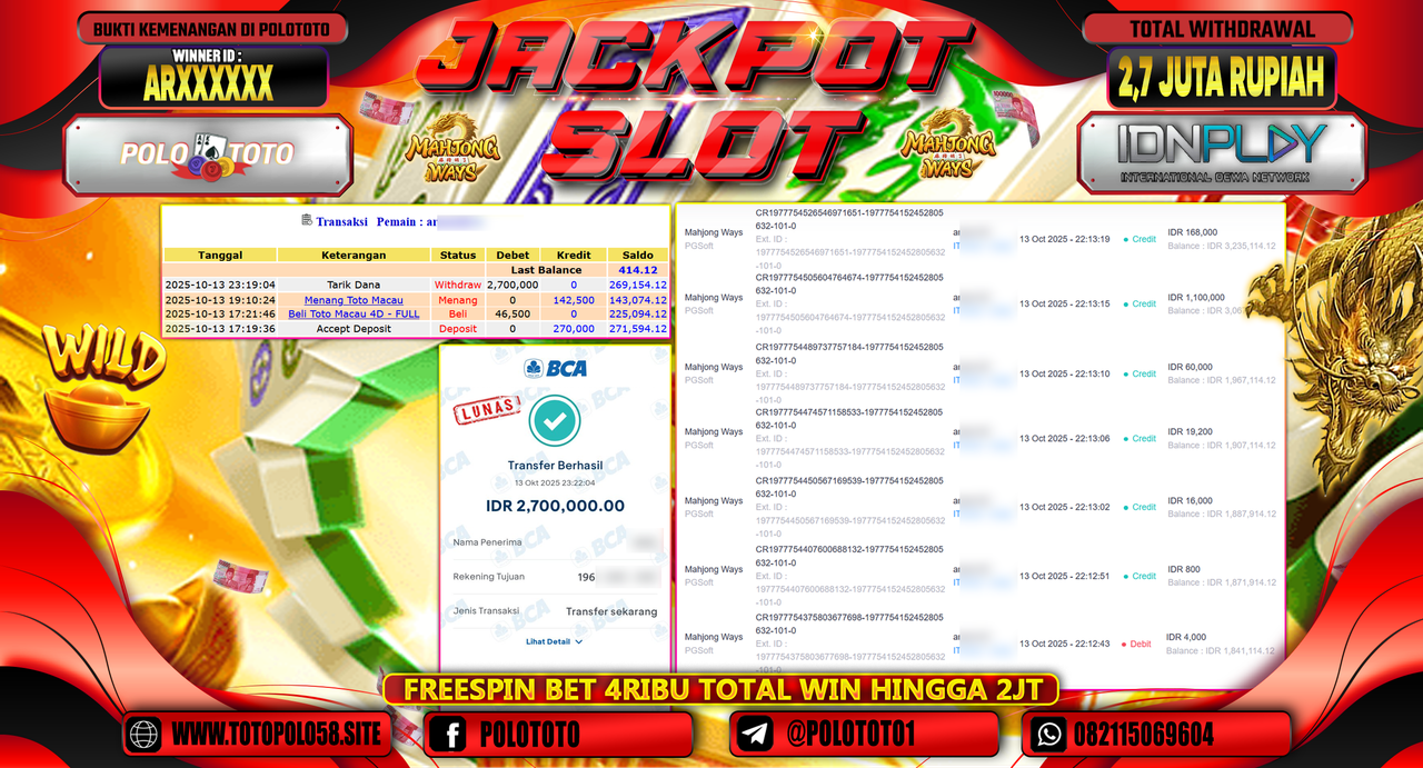 POLOTOTO JACKPOT SLOT MAHJONG WAYS Rp.2.700.000,- LUNAS