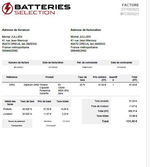 facture batterie traction