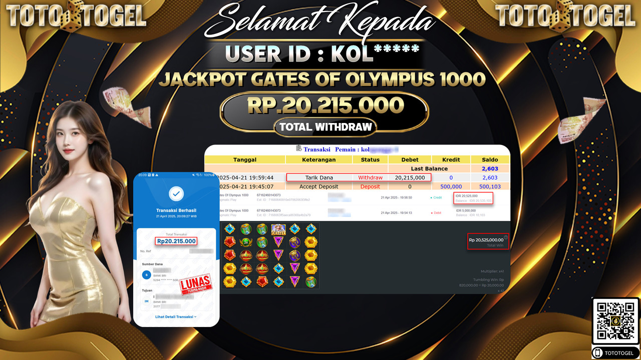 Bukti Pembayaran Jackpot  Permainan Slot Gates Of OLympus 1000 ID:KOL***** LUNAS