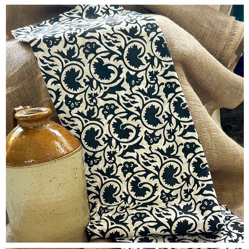 Hand Block Printed Khadi Cotton Kurti Material with Black Floral Pattern