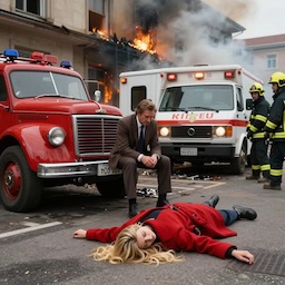 Sam sits beside Jane after she is pulled from the burning Grand Azure hotel 