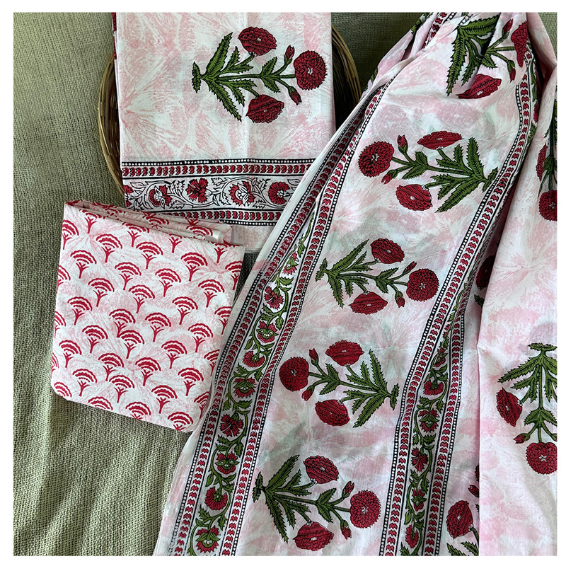 Hand Block Printed Pink Textured Cotton Dress Material with Plant and Floral Designs and Dupatta