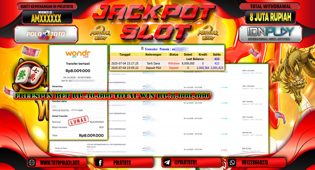 POLOTOTO JACKPOT SLOT MAHJONG WAYS Rp.8.009.000,-
