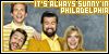 A fanlisting image of the main cast of it's always sunny in philadelphia. they are all wearing bright yellow outfits against a grey background.