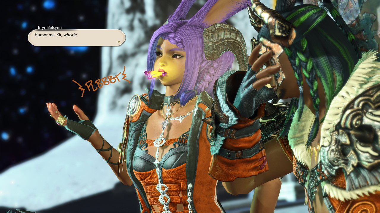 The shot zooms in on Kit's face, a wing and arm of her fairy poking out of her mouth as she makes a failed attempt at whistling. Beside her, Kai palms his face. Text reads: Bryn Balsynn: Humor me. Kit, whistle. Kit: (handwritten in orange) *plbbbt*