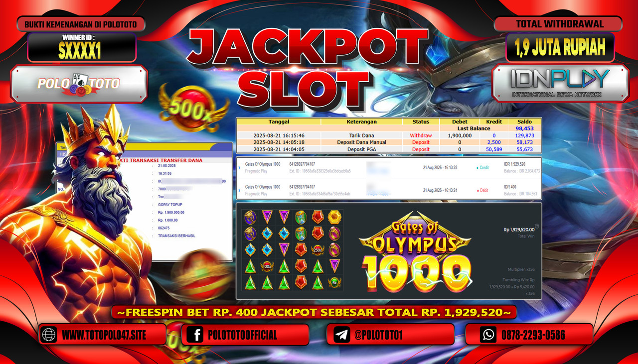 POLOTOTO JACKPOT SLOT GATES OF OLYMPUS 1000 Rp.1.900.000,- LUNAS