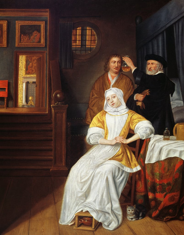 Samuel-van-Hoogstraten-A-Doctor-Visiting-a-Young-Lady-in-a-Bedroom-Meister-Drucke-152602
