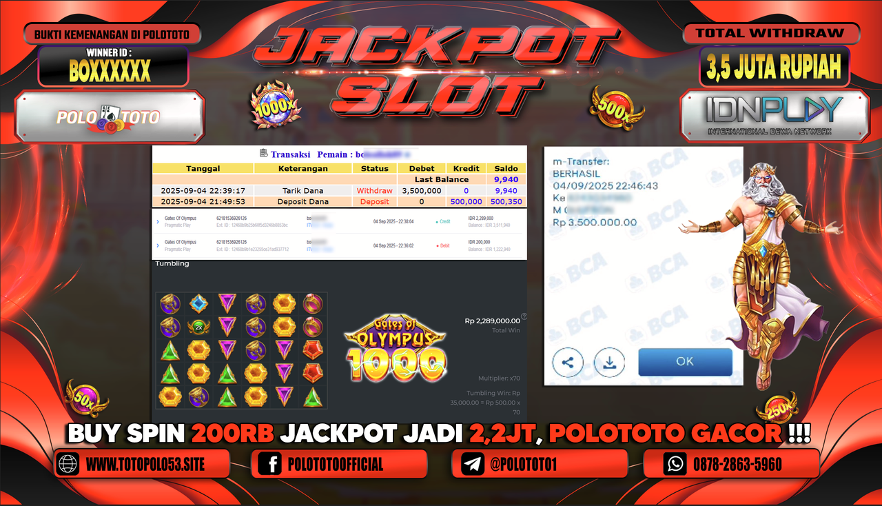 POLOTOTO JACKPOT SLOT GATES OF OLYMPUS Rp.3.500.000,-