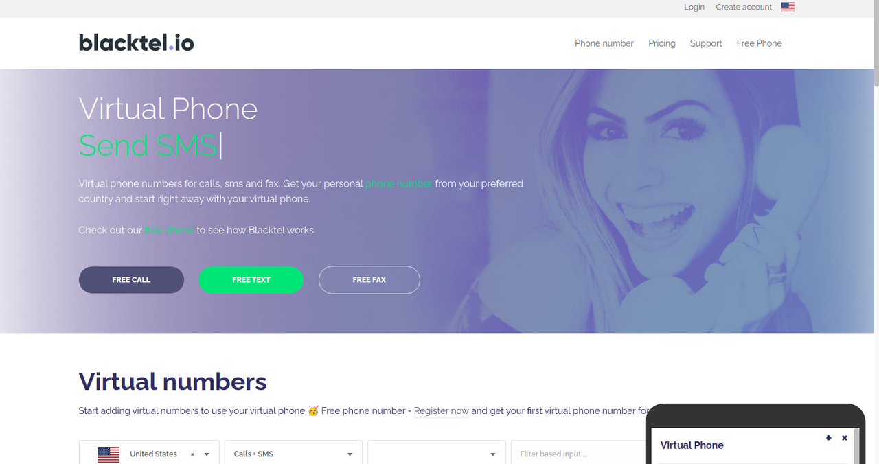 Blacktel - virtual phone number free service.