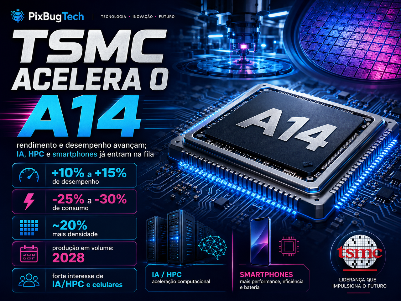 TSMC acelera o A14 com rendimento próximo de 90% e coloca IA e smartphones na fila para 2028