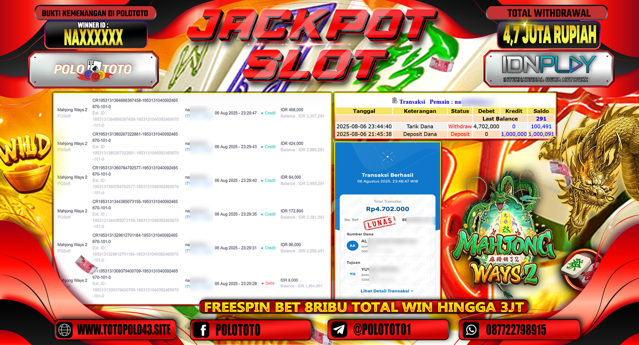 POLOTOTO JACKPOT SLOT MAHJONG WAYS 2 Rp.4.700.000,-LUNAS