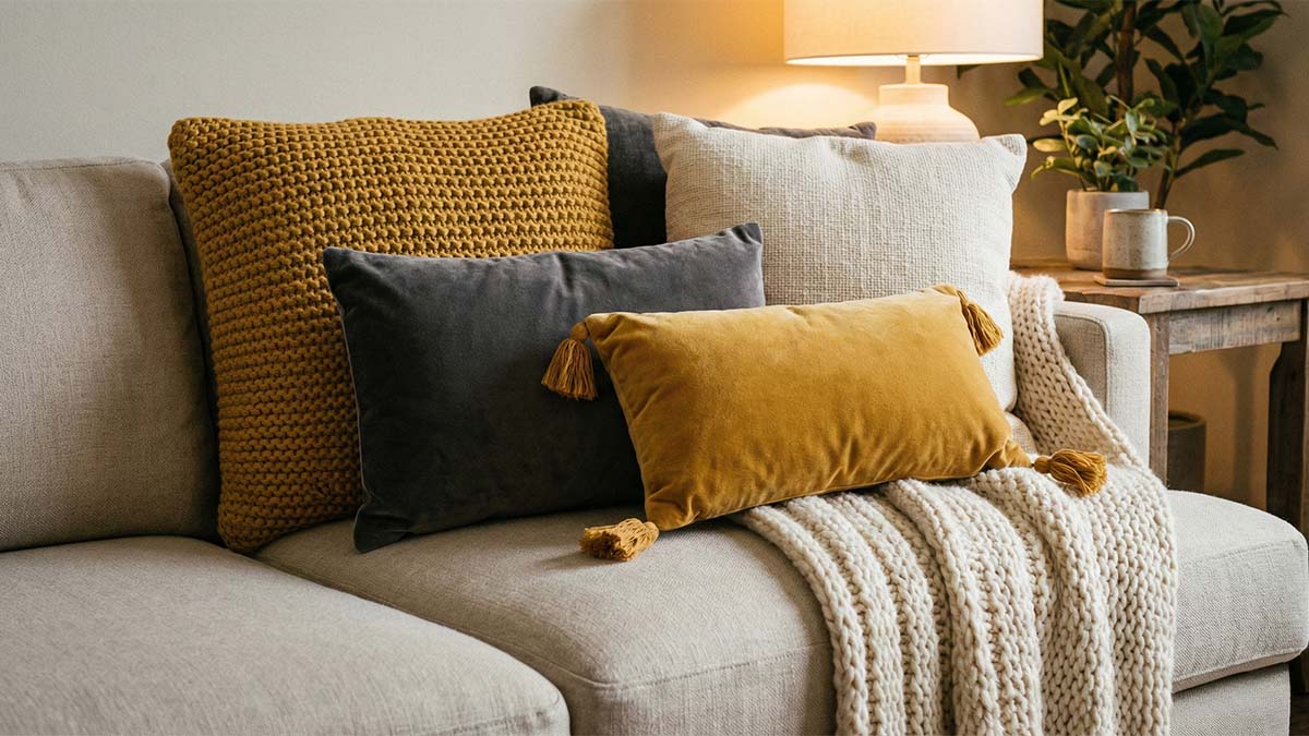 Композиция из декоративных подушек разных фактур и размеров на диване