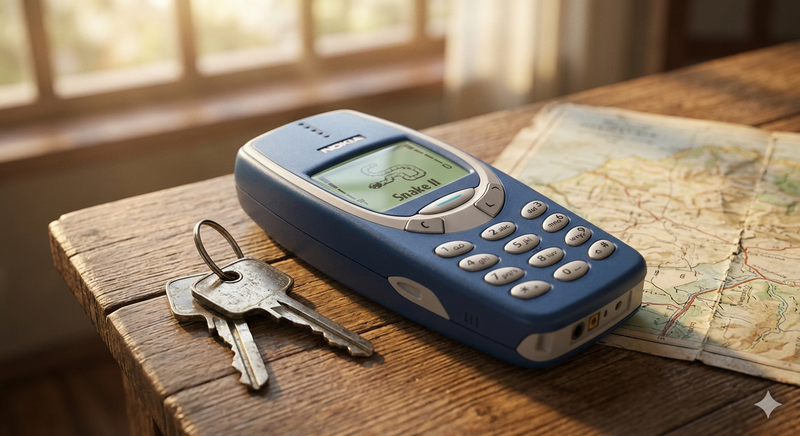 Nokia 3310 clássico em ambiente nostálgico com sol da tarde e Jogo da Cobrinha (Snake) ativo