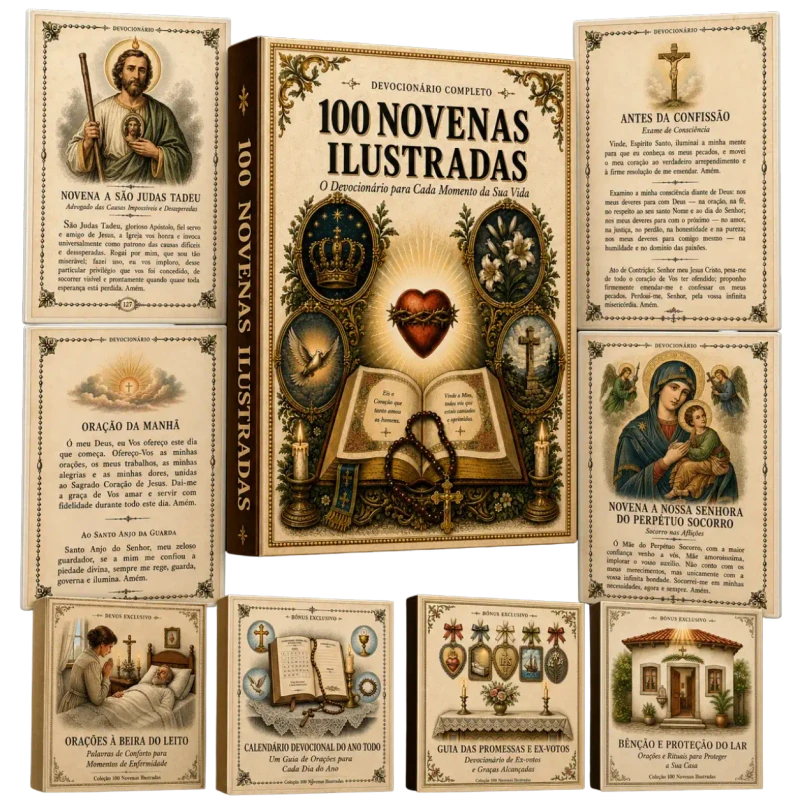 Mockup do devocionário 100 Novenas Ilustradas